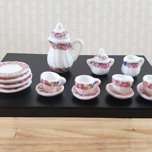 Dollhouse Coffee Set Dinner Plates Pink Floral Ceramic 1:12 Scale Miniature