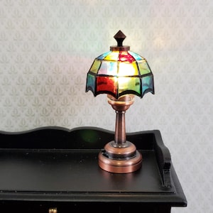 Dollhouse Battery Light Table Lamp Stained Glass Style Bronze Base 1:12 Scale Miniature