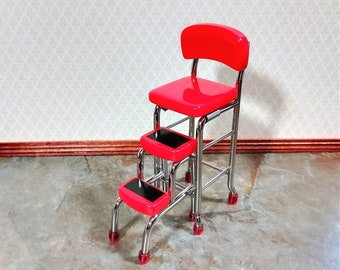 Dollhouse Step Stool Tall Chair 1950s Style Red 1:12 Scale Miniature Furniture