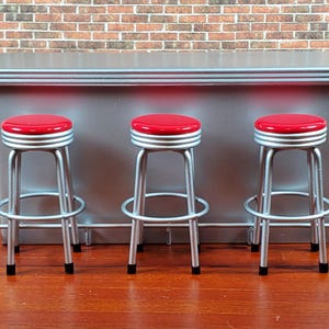 Dollhouse Retro Bar with 3 Red Stools 1950s Style 1:12 Scale Miniature Furniture