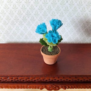 May include: A miniature potted plant with vibrant blue flowers. The flowers have a layered petal design and are set against green leaves. The terracotta pot is filled with soil. The plant sits on a dark wooden surface.
