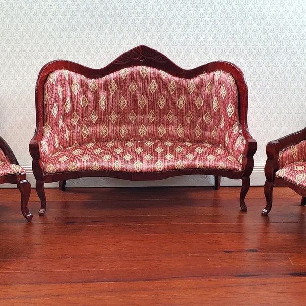 Dollhouse Victorian Living Room Set Sofa Chairs 1:12 Scale Furniture Dark Pink