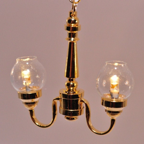 Plafonnier LED miniature pour maison de poupée à 2 branches, globes transparents, échelle 1:12