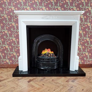 Dollhouse Large Fireplace with Fire Inside White Finish 1:12 Scale Miniature Furniture