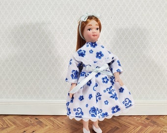 Dollhouse Miniature Girl Doll Long Hair Strawberry Blond Porcelain Poseable 1:12 Scale Blue & White Dress