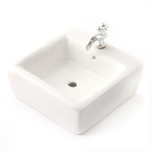 Dollhouse Miniature Sink Top Square White for Kitchen or Bathroom Ceramic 1:12 Scale