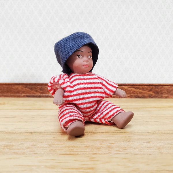 Dollhouse Baby Doll Black Brown Boy Porcelain Moveable 1:12 Scale Miniature Pink Outfit