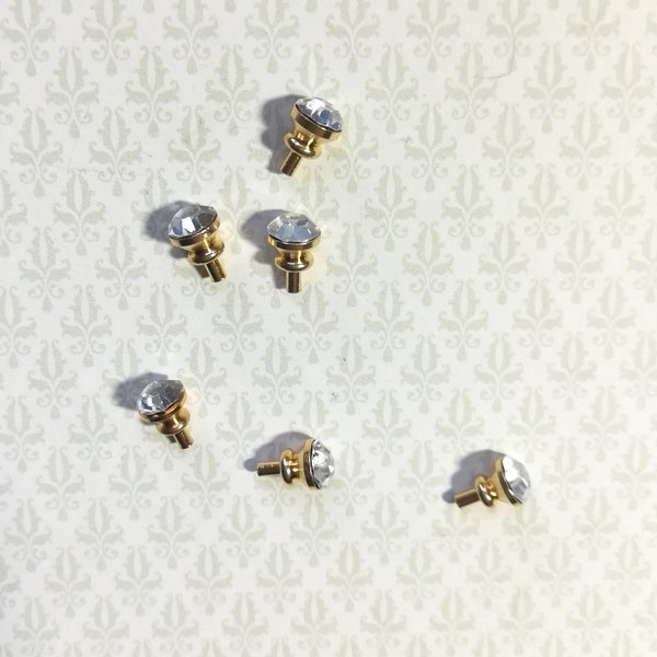 Dollhouse Miniature Tiny Crystal & Gold Door Knobs or Drawer Pulls Set of 6 1:12 Scale or Fairy Garden