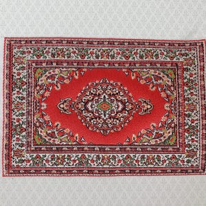 Dollhouse Fabric Rug Small Woven Fabric Red 6 1/4" x 3 7/8" with Fringe 1:12 Scale Miniature
