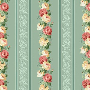 May include: A seamless pattern featuring vertical stripes in a soft green hue. Alternating with floral rose garlands in shades of red and yellow, with green leaves. The design includes a decorative floral stripe.