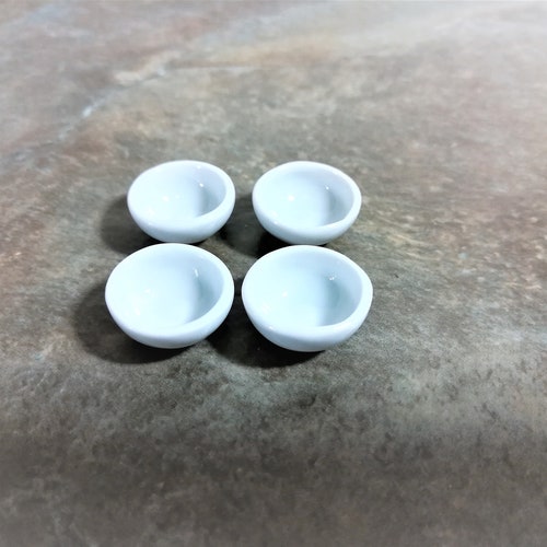 4x 21mm Dolls House Miniature White Ceramic Blue Edged Bowls 