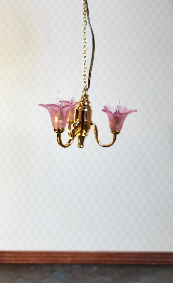 Dollhouse Miniature Chandelier Pink Flowers Light 5 Arm Electric 1:12 Scale Dollhouse Miniature Chandelier Pink Flowers Light 5 Arm Electric 1:12 Scale