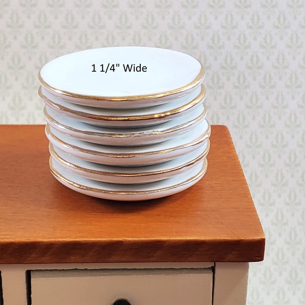 Dollhouse Large Round Plates or Platters White Gold Trim Set of 6 Ceramic 1.25"