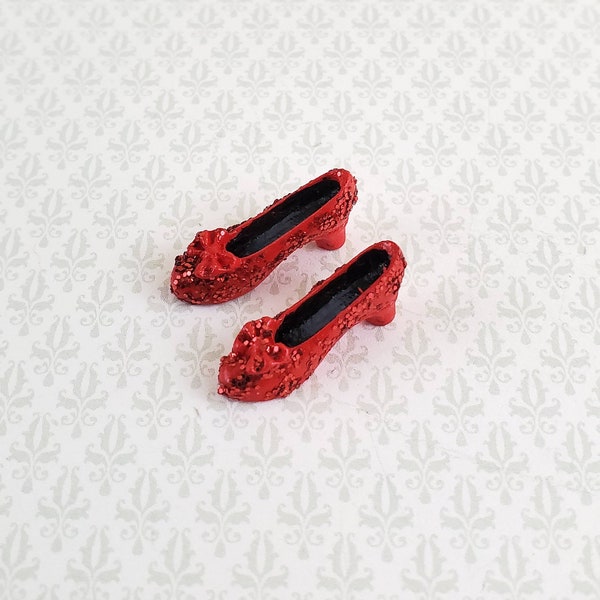 Miniature Ruby Red Shoes Slippers with Bow & Glitter 1:12 Scale for Dollhouses
