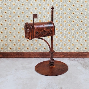 Miniature Mailbox Free Standing Rusted Distressed Metal 1:12 Scale Fairy Garden