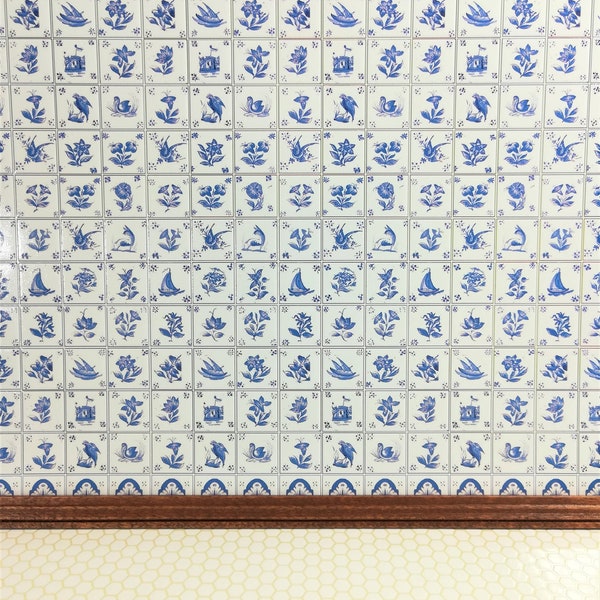 Dollhouse Miniature Wall Tiles Blue & White Delft Textured 1:12 Scale for Kitchens World Model