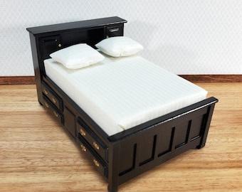 Dollhouse Captain's Bed with Drawers Double Black Finish 1:12 Scale Bedroom Furniture