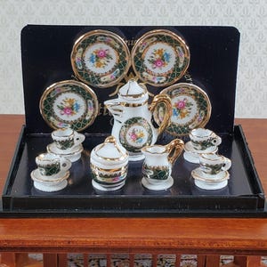Dollhouse Coffee Set &quot;Irish Gold&quot; Reutter Porcelain 1:12 Scale Miniature Cups Plates ++