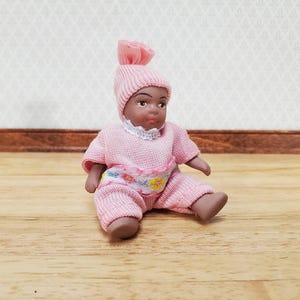 Dollhouse Baby Doll Black Brown Porcelain Moveable 1:12 Scale Miniature Pink Outfit