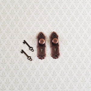 Dollhouse Miniature Doorknobs Fancy Bronze 1 Set with Keyhole 1:12 Scale