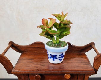 Dollhouse Potted Plant 1:12 Scale Miniature Houseplant Blue & White Planter
