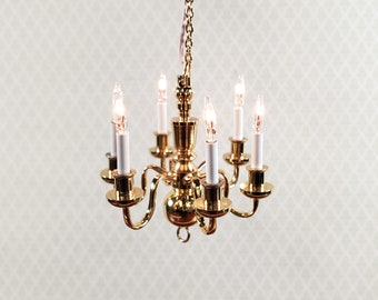 Dollhouse Brass Chandelier 6 Arm 12 Volt Electric 1:12 Scale Miniature by Houseworks