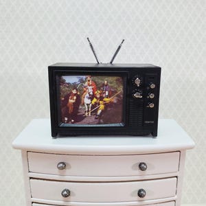 Dollhouse Television TV Set Retro 1970s Style Black Miniature Accessory