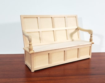 Dollhouse Bench Tudor Gothic Style with High Back Unpainted Wood Open Seat 1:12 Scale Furniture