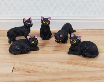5 Dollhouse Cats All Black Kittens 1:12 Scale Halloween Various Poses Animals