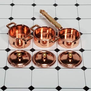 Dollhouse Copper Pots & Pans Stock Soup with Lids 1:12 Scale Miniatures Kitchen