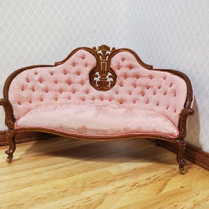 JBM Dollhouse Pink Settee Sofa Victorian Style Walnut Finish 1:12 Scale Couch