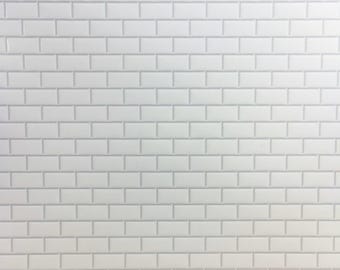 Dollhouse Subway Metro Wall Tile White Embossed Glossy Paper Use in 1:12 or 1/6 Scale