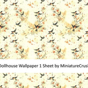 Dollhouse Wallpaper Flirty Birds Cream Beige Gray 1:12 Scale by MiniatureCrush