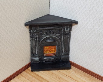 Dollhouse Corner Fireplace with Fire Black Resin 1:12 Scale Miniature Furniture