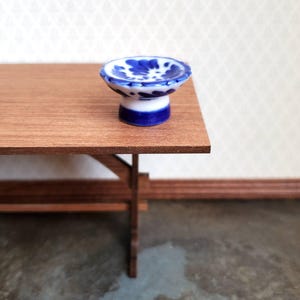 Dollhouse Miniature Pedestal Serving Bowl Blue & White Ceramic 1:12 Scale Decor