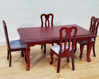 Dollhouse Dining Room Table and 4 Chairs Mahogany Finish 1:12 Scale Miniature Furniture