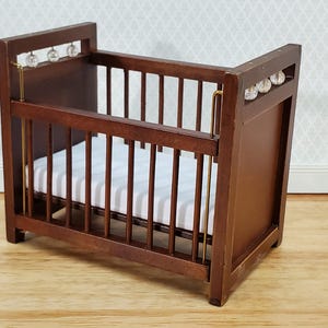 Dollhouse Crib Wood Drop Side Walnut Finish 1:12 Scale Miniature Nursery Furniture