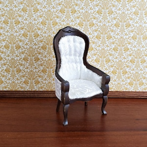Dollhouse Miniature Gentlemen&#39;s Chair Victorian White Dark Walnut Finish 1:12 Scale Furniture
