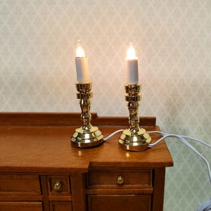 Dollhouse Miniature Candlesticks Pair of Gold Candles 12 Volt with Plug 1:12 Scale