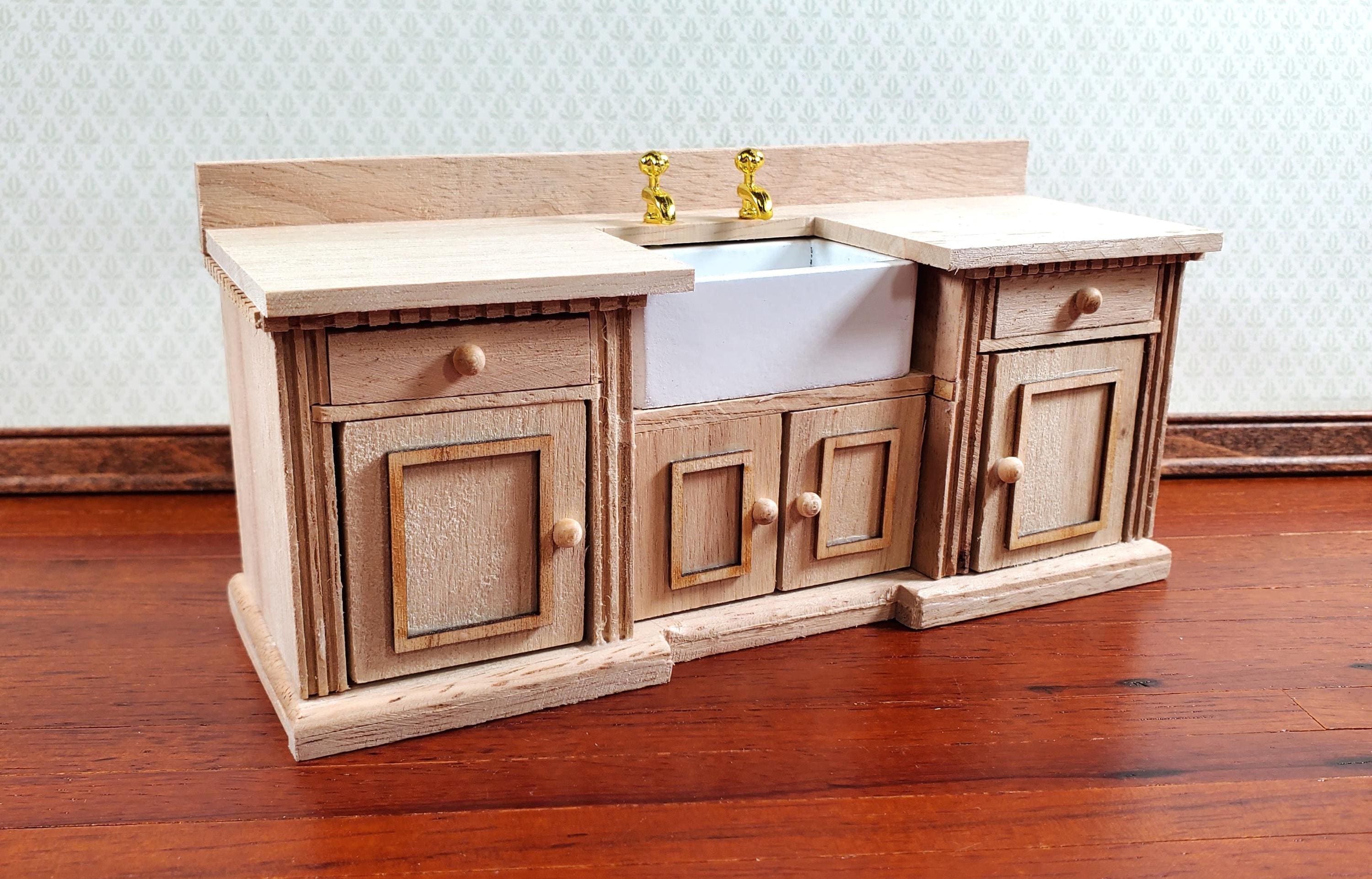Dollhouse Kitchen Sink with Counter Cabinet 1:12 Scale Miniature Unpainted Wood