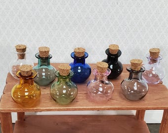 Miniature Glass Jars Bottles Cork Stoppers x9 Apothecary Round Bottom 1" Tall