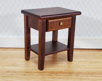 Dollhouse Side Table Night Stand with Drawer 1:12 Scale Furniture Walnut Finish
