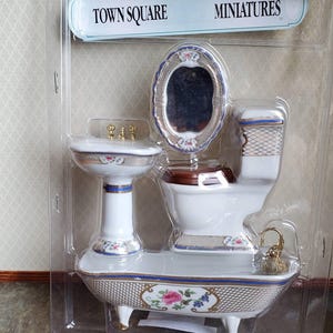 Dollhouse Miniature Bathroom Set White Gold Blue Porcelain Tub Toilet Sink 1:12 Scale