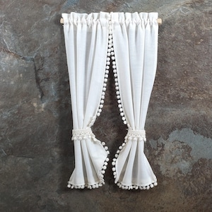 Dollhouse Curtains Fabric Cream Tie Back with Curtain Rod 1:12 Scale Miniatures