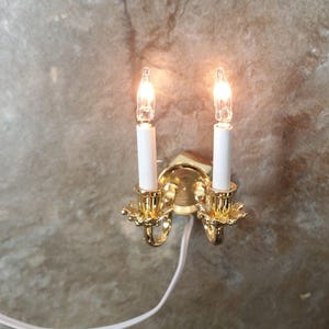 Dollhouse Double Candle Wall Sconce Gold 12 Volt with Plug 1:12 Wall Light