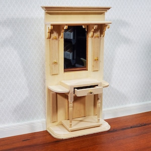 Dollhouse Hall Stand Table with Mirror Tall Unpainted Wood DIY 1:12 Scale Furniture