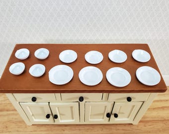Dollhouse Metal Dishes White Plates Bowls Set of 12 Pieces 1:12 Scale Miniatures