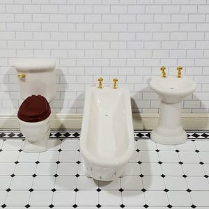 Dollhouse Bathroom Set Tub Toilet Sink All White Ceramic 3 Pieces 1:12 Scale Miniatures