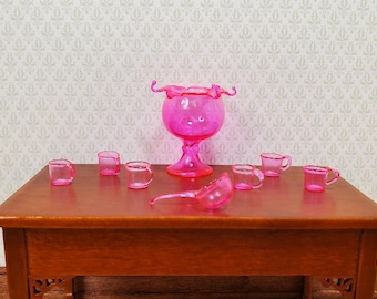 Dollhouse Glass Punch Bowl with Cups & Ladle Pink 1:12 Scale Miniature Kitchen