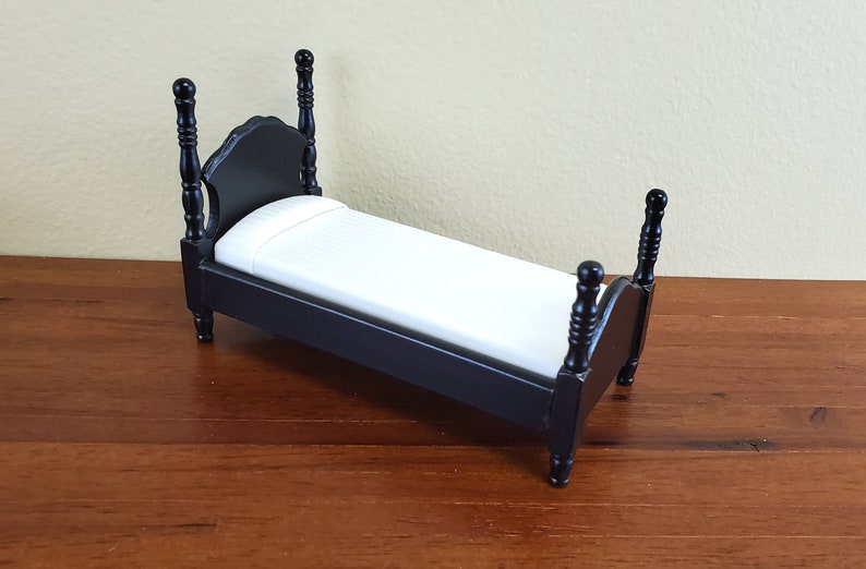 Dollhouse Miniature Black Bed with White Mattress Pillow Small Childs 1:12 Scale Furniture